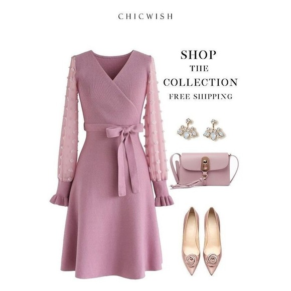 Chicwish Dresses & Skirts - Chicwish Wrap Knit Dress Blush Pink Long Sleeve Dot Mesh‎ Sleeve Fit & Flare M